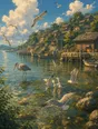 Painted anime scene: The harbor shallows with quick gulls wheeling and one heron standing perfectly still in its own spot, both in the same warm light, both feeding.