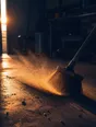 Motion photograph: a workshop floor being swept at the end of the day, the broom caught mid-stroke and dust lifting into the low sun
