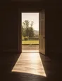 Struck-light photograph: a door standing wide open onto a bright outside, seen from the dark of the room