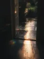 Prism-light photograph: A back door propped open onto a wet garden after rain, hard sun breaking in across the wet step.