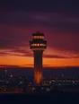 Film photograph: a warm-lit control tower over a calm dark airfield at dusk, rows of soft runway lights below.