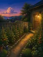 Painted anime scene: A small immaculate garden behind a low stone wall: exact rows, staked tomatoes, swept path, one lamp warm by the door at evening.