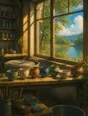 Painted anime scene: A row of finished pots drying on a potter's window shelf in golden light, the wheel still and clean behind them, glaze jars in order.