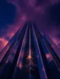 Film photograph: a glass tower photographed from directly below, its top disappearing into violet and indigo clouds.