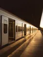Struck-light photograph: a long empty platform at dawn with one train standing at it and its doors open