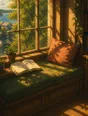 Painted anime scene: The best window seat in the library with its cushion worn to fit, a book left open on the sill, golden light through the tall glass.