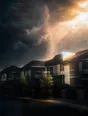 Prism-light photograph: A row of houses under a sky half storm and half hard sun, the edge of the rain visible across them.