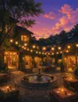 Painted anime scene: The town square at dusk strung with lit paper lanterns, every door open and warm, tables out, the fountain catching lantern light, sky still violet-bright.