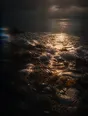 Prism-light photograph: The sea flat calm at first light after a storm, wrack and foam still lying on the shingle.