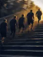 Motion photograph: a man leading four others up a long flight of outdoor steps at dawn