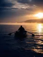 Dark cinematic photograph: One person rowing a small boat out onto flat water at dawn, seen from behind.