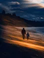 Motion photograph: a man and a child walking a beach at dusk, wind driving sand and spray past them