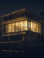 Dark cinematic photograph: A finished building at golden hour with the scaffolding half struck from its face.