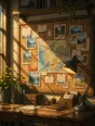Painted anime scene: A corkboard in morning light pinned with small pictures, postcards and a marked map, all as soft unreadable texture, strings running between pins, a desk lamp angled at it.