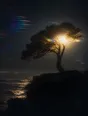 Prism-light photograph: A wind-bent tree standing alone on a headland with low sun through its lopsided crown.