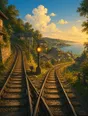 Painted anime scene: The rail junction at golden hour where the tracks divide, one line curving away toward the bright sea, the signal lamp glowing warm, rails shining.