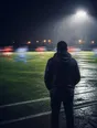 Motion photograph: a man standing at the touchline of a floodlit pitch at night in the rain, the game running in front of him