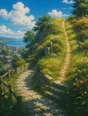 Painted anime scene: A faint footworn desire line leaving the paved switchback path and cutting straight up the headland through long grass, morning light, the top bright.