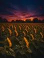Film photograph: a field of tall sunflowers all turned the same way at golden hour against a deep indigo dusk.