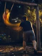 Motion photograph: a man pushing a swing hard at golden hour, the child at the top of the arc and blurred by the movement