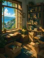 Painted anime scene: A small bright room half unpacked: boxes open, books already shelved first, new keys on a fresh ring on the windowsill, sun streaming in, the sea in the window.