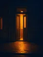 Film photograph: a door propped open on a dark night street, warm golden light spilling onto the pavement.
