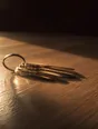 Struck-light photograph: a spare set of keys lying edge-on where they were dropped on a kitchen table, the ring and the long blades catching the last light from the window