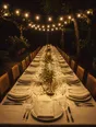 Struck-light photograph: a long table laid outdoors for many people under strung lights at dusk