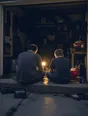 Motion photograph: a man and a teenager sitting on a garage step at dusk, tools and a radio around them and moths in the work light