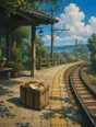 Painted anime scene: A packed suitcase and a rail pass as soft unreadable texture on top, standing on the empty morning platform, the tracks curving away bright.