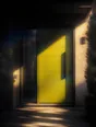 Prism-light photograph: A front door painted a colour nothing else on the street is, hard sun across the paint and the grain.