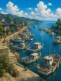 Painted anime scene: The harbor full of moored boats at bright morning all pointing to sea on their lines, gangways down, water glittering, any of them ready to go.