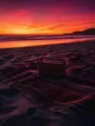 Film photograph: a picnic blanket and a small radio on a wide empty beach at sunset, long shadows in magenta and gold.
