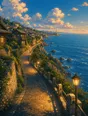 Painted anime scene: The coast road curving out of town along the cliffs at golden hour, its lamps coming on one by one, the sea huge and bright to the horizon.