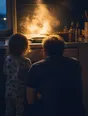 Motion photograph: a man crouched down to a child's height in a kitchen at dusk, steam moving off a pan on the hob behind them