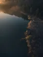 Dawn aerial photograph: a small weathered wooden hide at the edge of a mirror-still lake, its shutter propped open.
