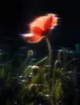 Prism-light photograph: One poppy standing in a field of grass with hard sun through the petal.