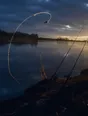 Motion photograph: a fishing line cast out over still water at dawn, caught mid-flight, two rods propped on the bank