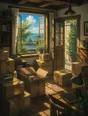 Painted anime scene: A room swept bright and packed by choice: labeled boxes as soft unreadable texture, one still open, the window wide to sea light, the door propped open with a plant.