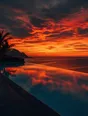 Film photograph: an infinity pool merging into a blazing crimson and gold sunset sea.