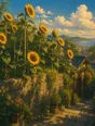 Painted anime scene: Sunflowers grown tall over the garden wall at golden hour, heavy heads following the light, the stakes that raised them still standing straight.