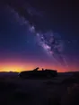 Film photograph: the Milky Way arching over a convertible parked at a desert overlook, the car in crisp silhouette.