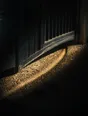 Prism-light photograph: A gate that sags and has worn its own groove in the gravel, hard sun across the stones.