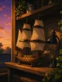 Painted anime scene: The finished wooden model ship standing on the shelf in warm evening light, sails set, its build lamp dark now, dust-free and done.