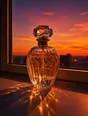 Film photograph: a cut-glass perfume bottle catching low golden light on a windowsill, its shadow thrown long and glittering.