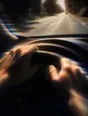 Prism-light photograph: Two hands resting on a steering wheel, sun across the knuckles and the wheel's stitching, the road bright ahead.