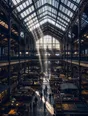 Dark cinematic photograph: A market hall seen from above at full trade, one stall spread out wide across the floor.