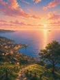 Painted anime scene: Dawn breaking enormous and rose-gold over the open sea from the headland, the town's lights still warm behind, the first ferry already out and small on the bright horizon.