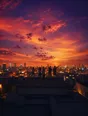 Film photograph: distant friends in silhouette on a rooftop at golden hour, arms raised, the glowing city behind them.