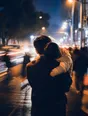 Motion photograph: a man carrying a sleeping child on his shoulder along a lit street at night, everything else in the street moving